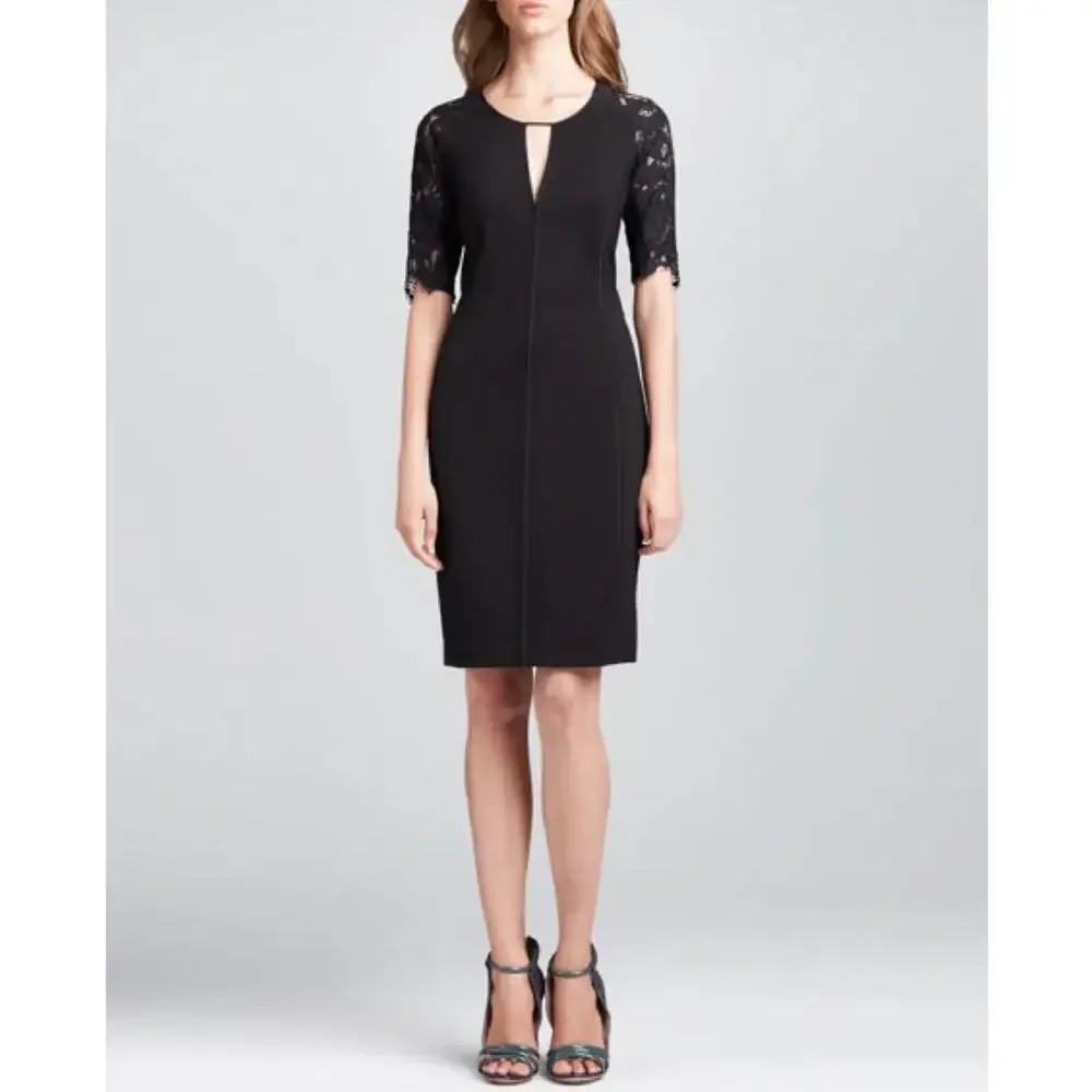 Rebecca Taylor Black Lace Sleeve Keyhole Fitted Sheath Dress Size 6 - Picture 1 of 9